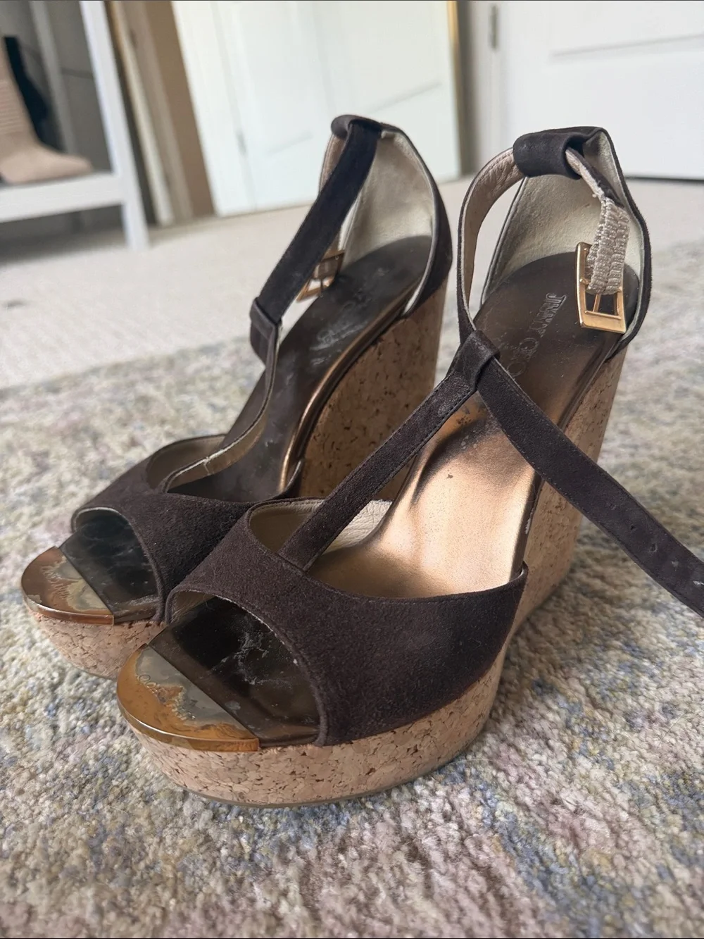 Jimmy Choo Brown Suede Cork Platform Sandals